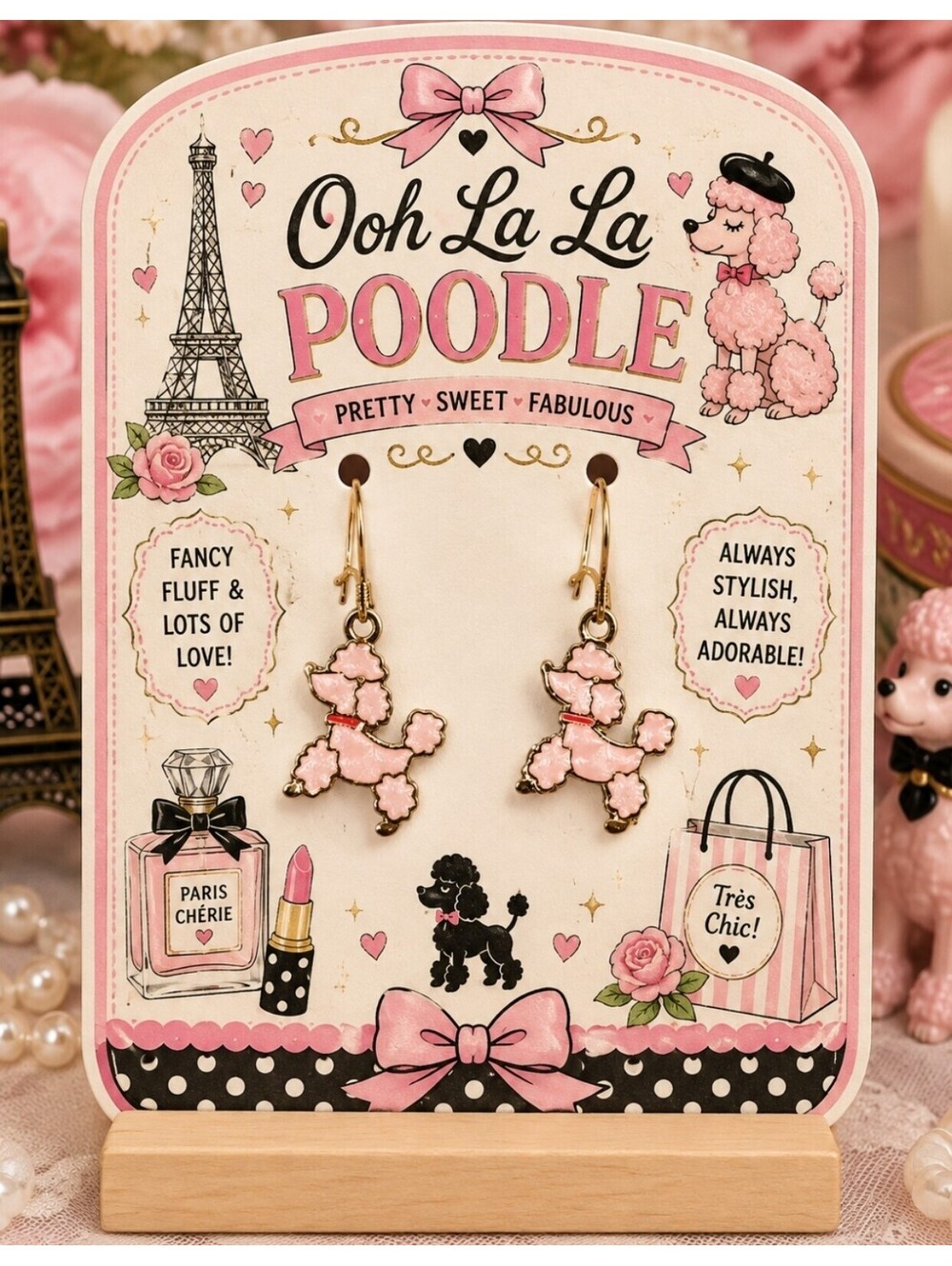 Ooh La La Très Chic Paris French Pink Fancy Fluff Poodle Earrings